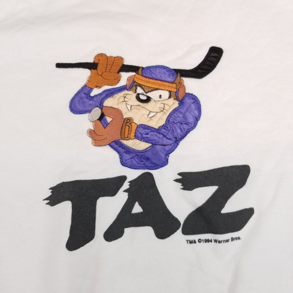 VTG Taz Sweatshirt Mens XL White Pullover Hockey Embroidered 90s‎ Made in USA - Picture 2 of 11